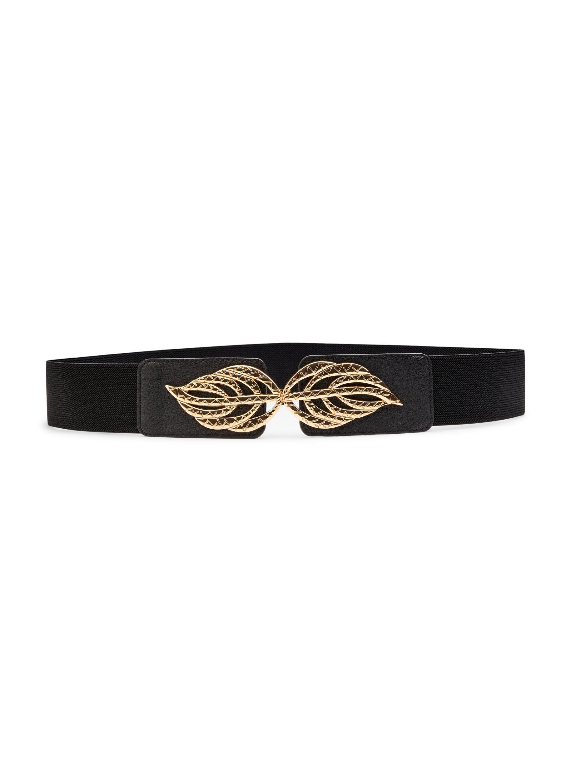 Zizzifashion Elastic waist belt with gold-coloured leaf buckle, Black, Packshot image number 0