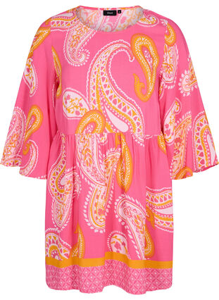Printed viscose tunic with 3/4 sleeves, Pink Paisley, Packshot image number 0