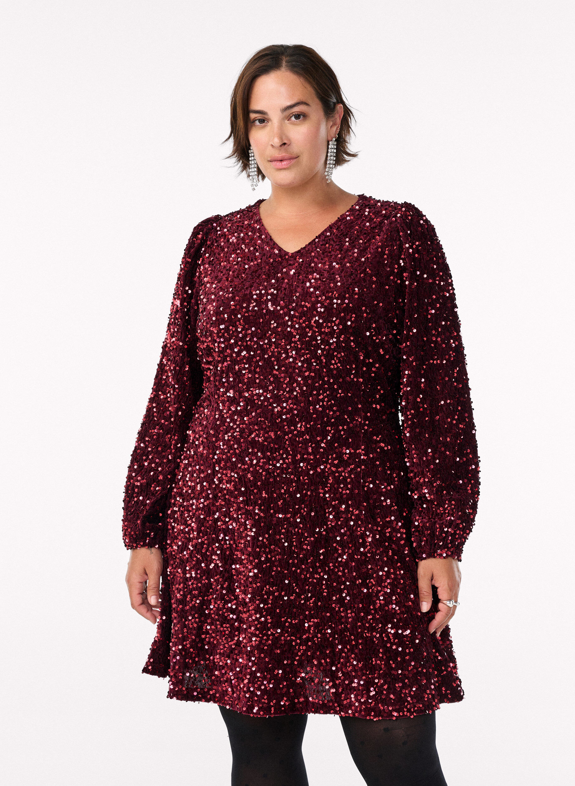 Short A-line sequin dress, Red, Model