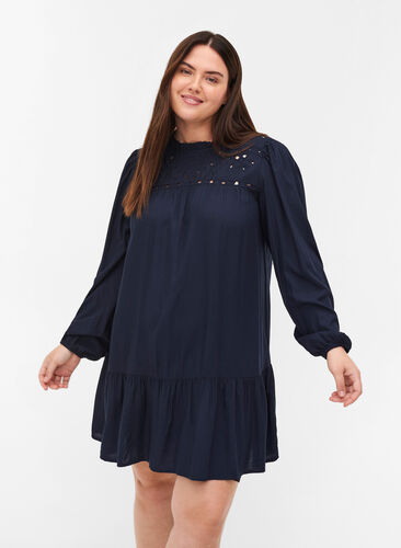 Viscose tunic with broderie anglaise and ruffles, Night Sky, Model image number 0