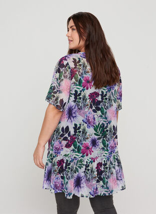 Short-sleeved tunic with a floral print, Purple Flower mix, Model image number 1