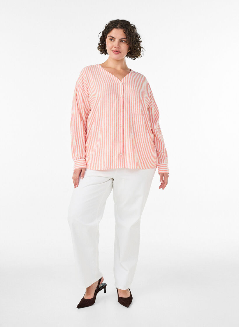 Blouse in linen and viscose with V-neck, Coral, Model image number 1
