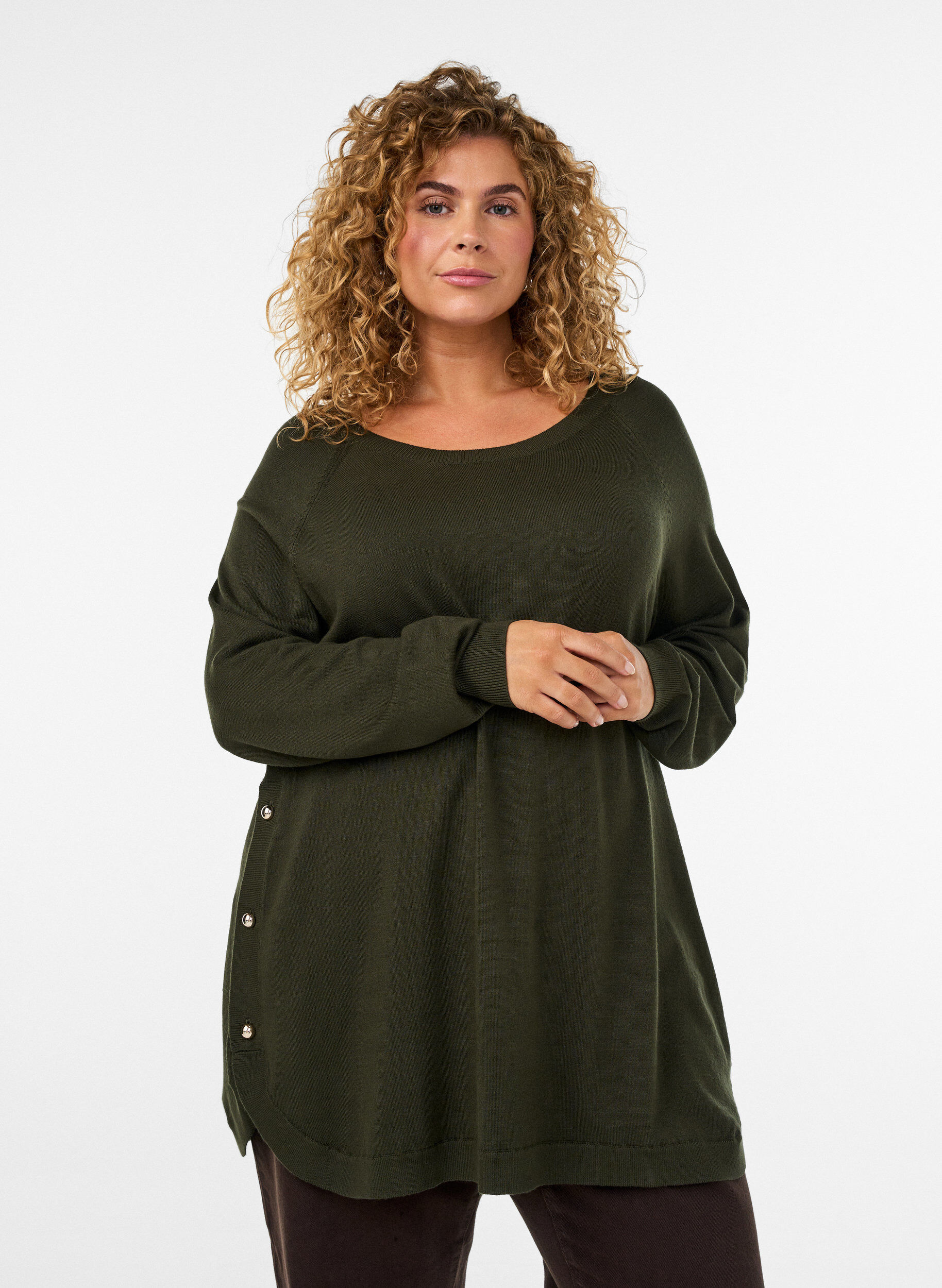 Knitted blouse with side buttons, Green, Model