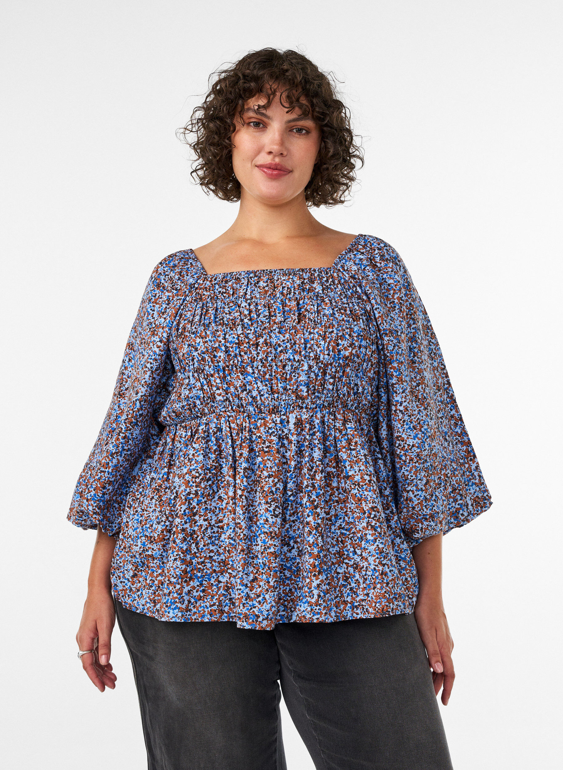 Blouse with smock and square neckline, Light Blue, Model