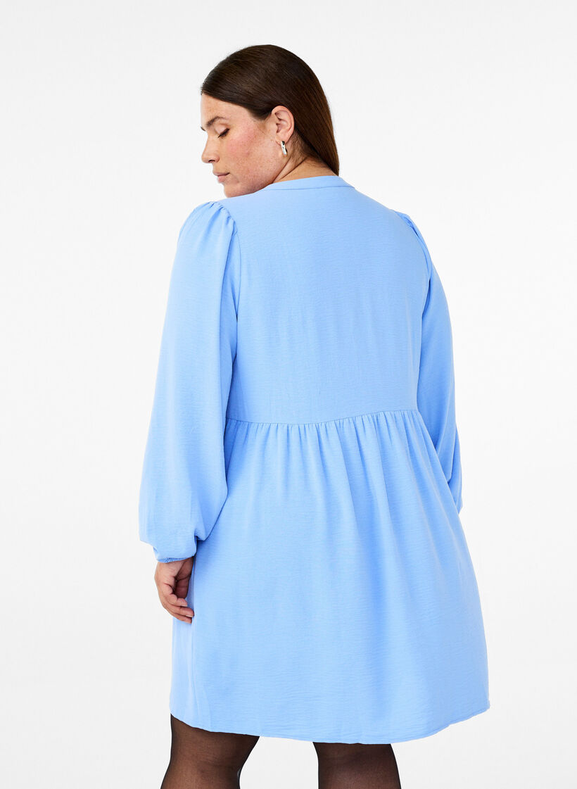 FLASH - Short dress with pleats and long sleeves, Light Blue, Model image number 1