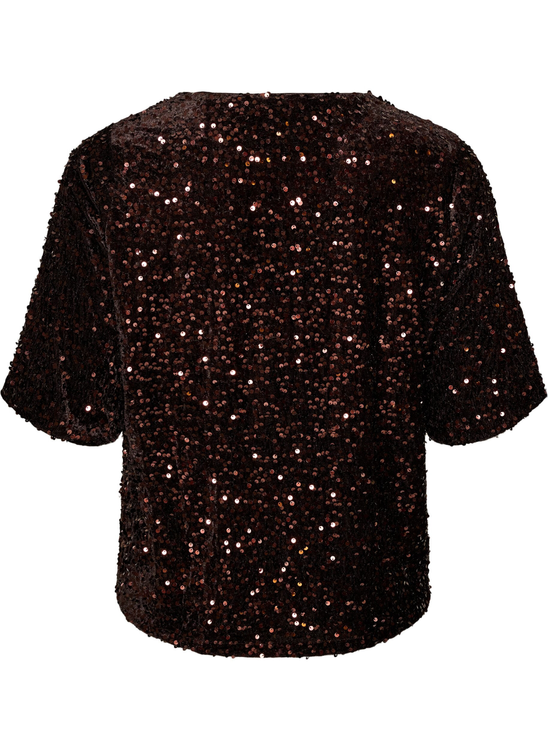 ZizzifashionSequin blouse with elbow-length sleeves, Brown, Packshot image number 1