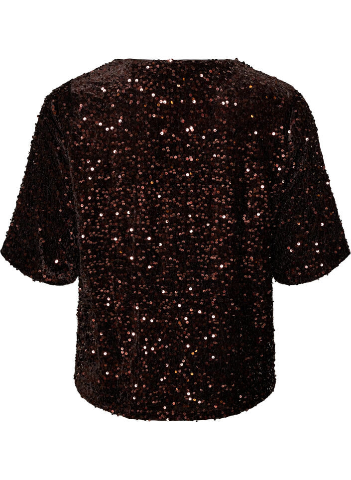 Sequin blouse with elbow-length sleeves, Brown, Packshot image number 1