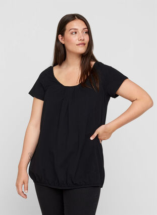 Short-sleeved t-shirt with a round neck and lace trim, Black, Model image number 0