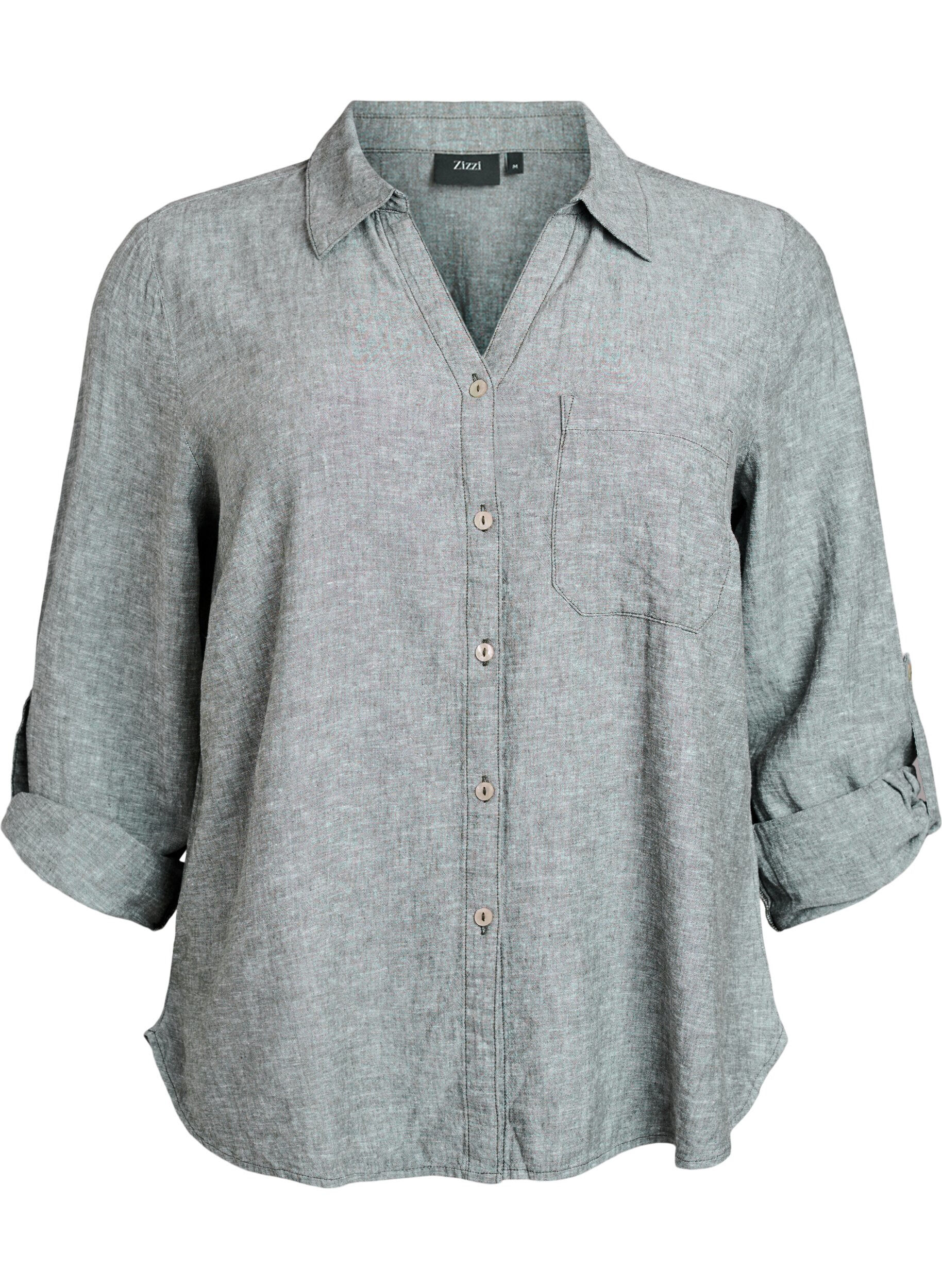 Zizzifashion Shirt in linen and viscose with 3/4 sleeves, Green, Packshot image number 0