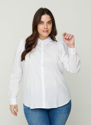Cotton shirt with puff sleeves, Bright White, Model image number 0