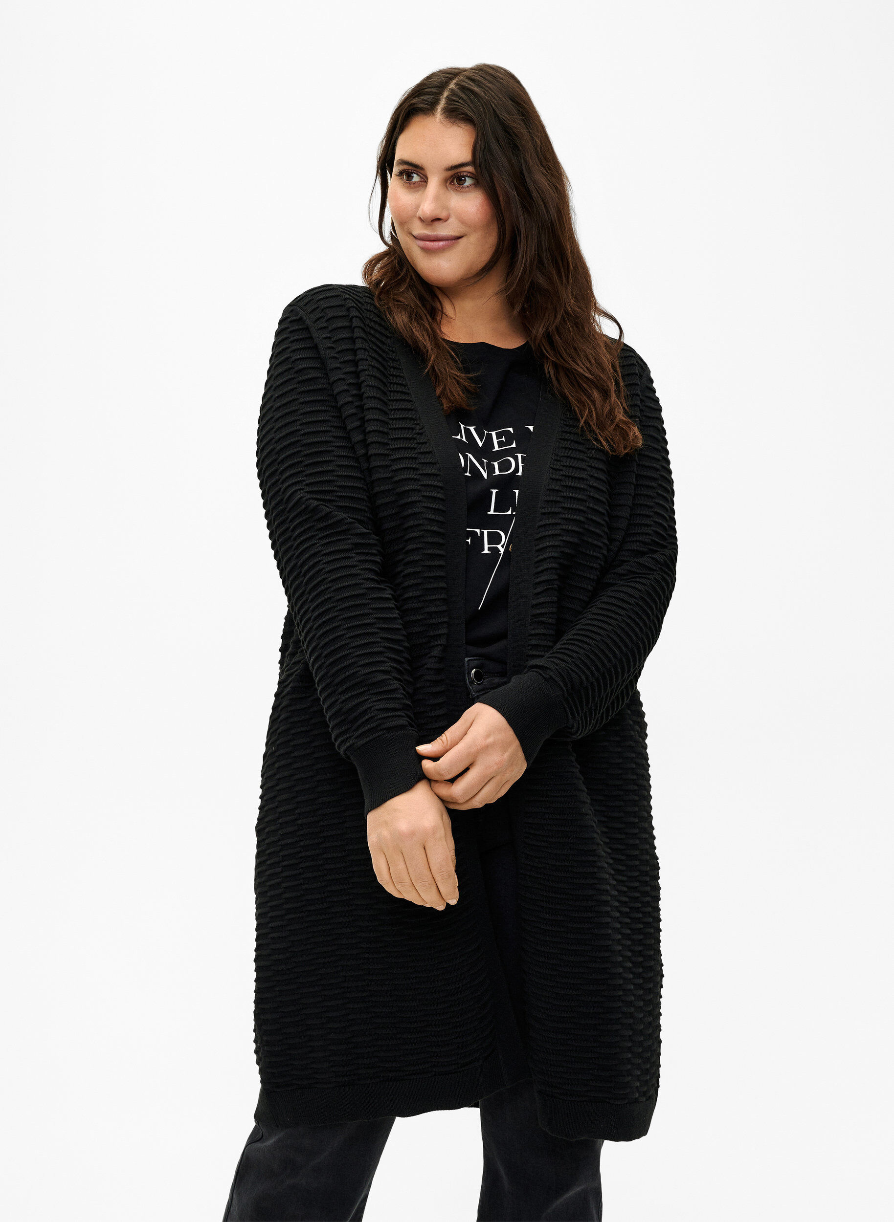 Zizzifashion Knitted cardigan in cotton-viscose mix, Black, Model image number 0