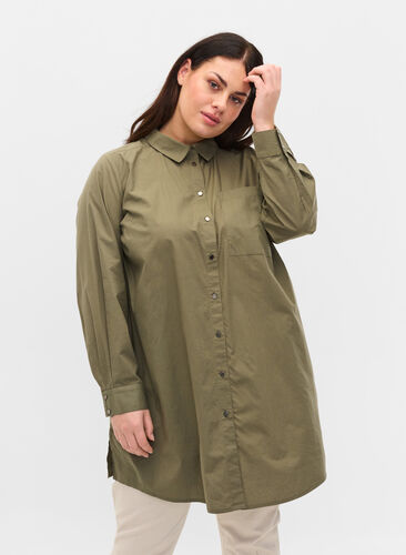 Long cotton shirt with back print, Dusty Olive, Model image number 1