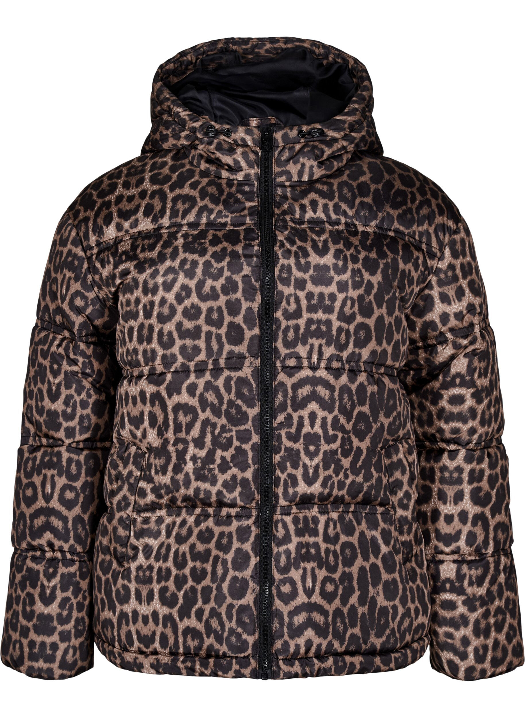 Short puffer jacket with a hood and two-way zipper