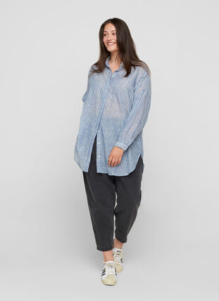 Long striped shirt in cotton, Country Blue Stripe, Model image number 2