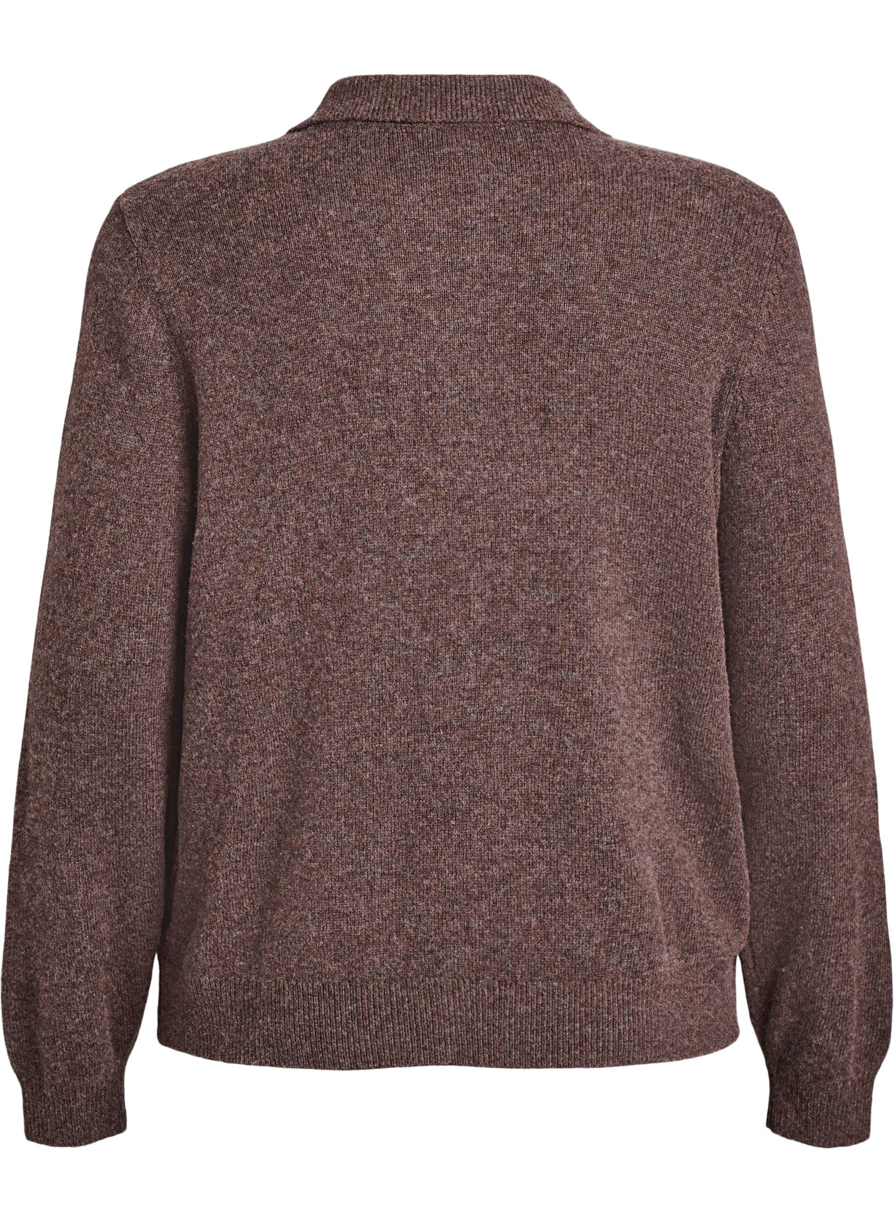 Zizzifashion Knit blouse in soft merino blend with polo collar, Brown, Packshot image number 1