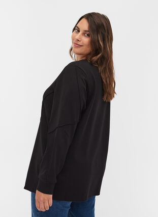 Long-sleeved sweat blouse with rounded neckline, Black, Model image number 1