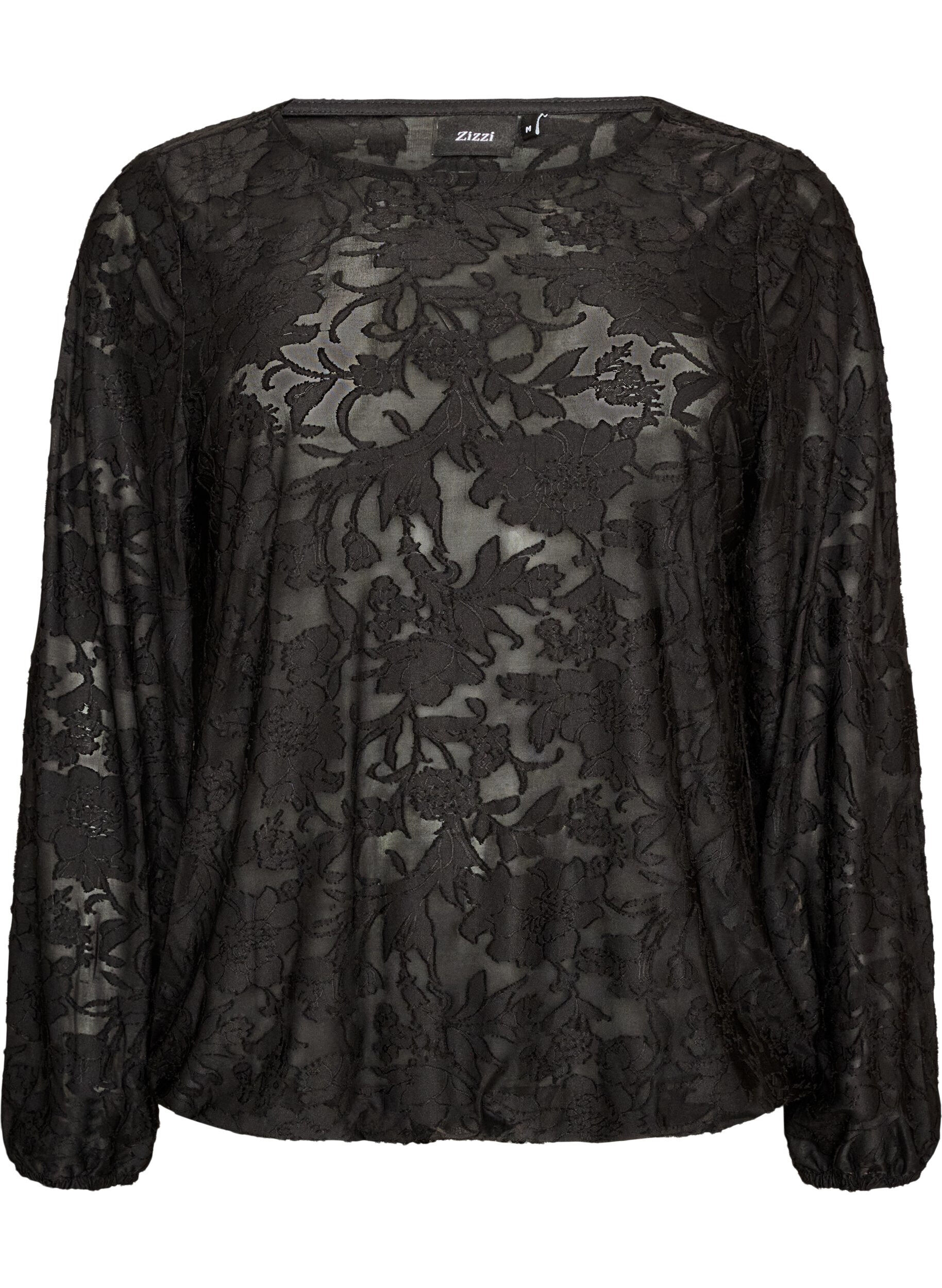 Sheer blouse with floral texture and long sleeves