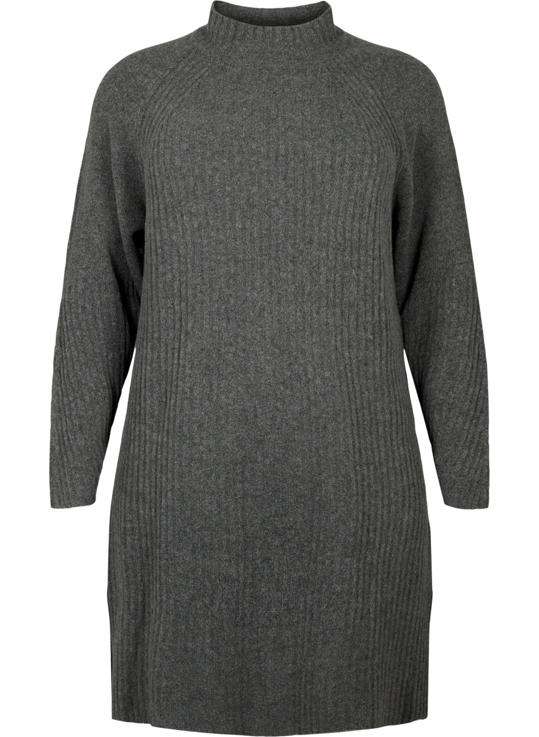 Zizzifashion Ribbed Knit Dress with Turtleneck, Dark Grey Melange, Packshot image number 0