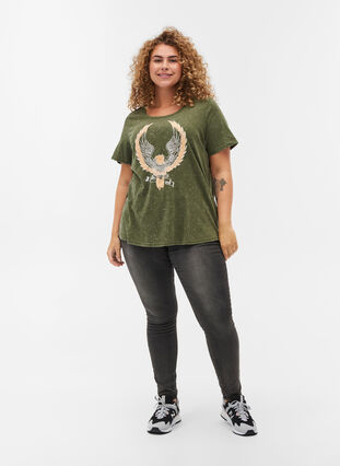 Cotton T-shirt with print, Ivy Green ACID WASH, Model image number 2