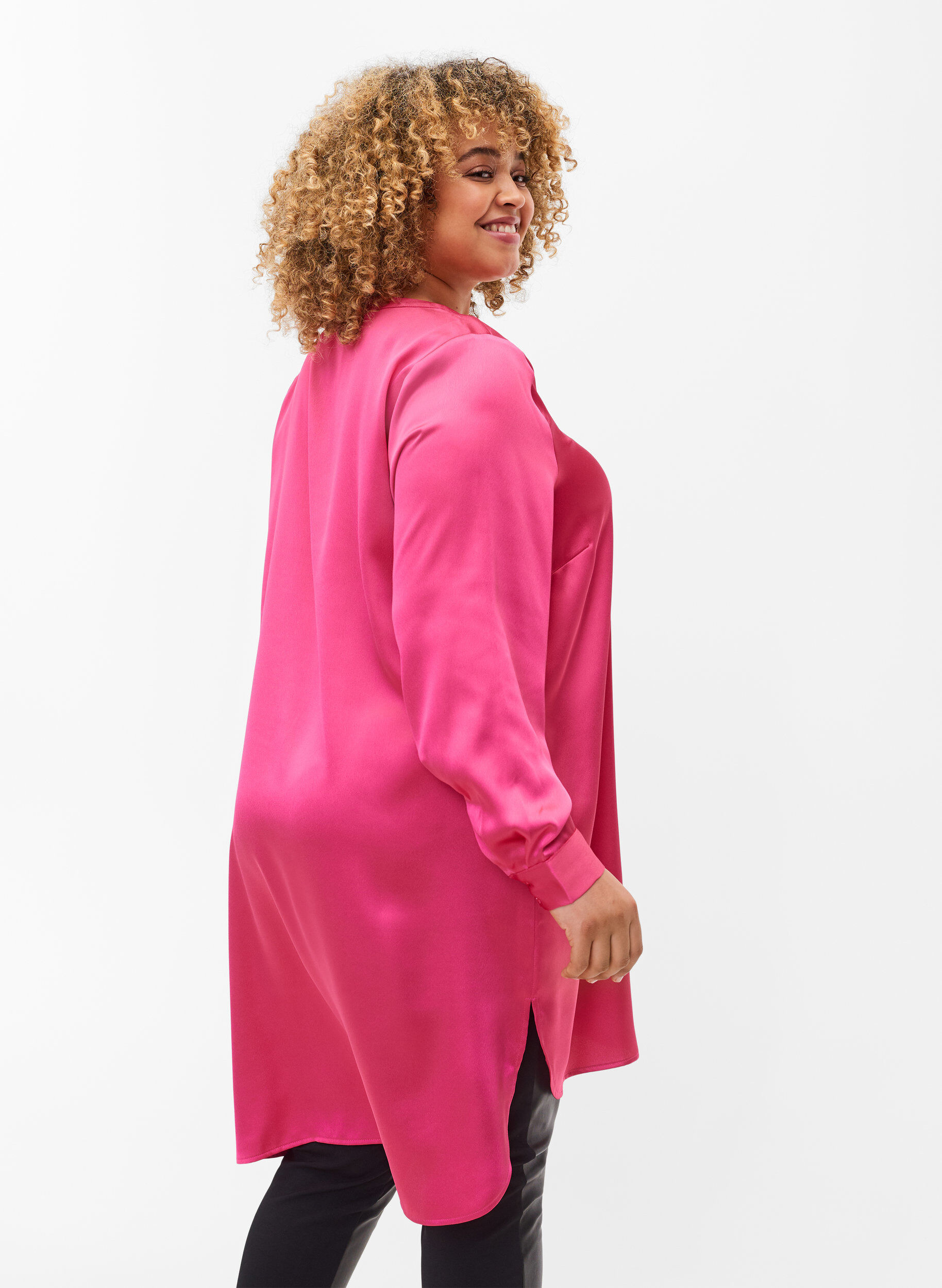 Zizzifashion Long shiny shirt with slit, Pink Flamb&eacute;, Model image number 1