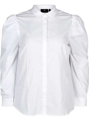 Cotton shirt with puff sleeves, Bright White, Packshot image number 0
