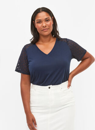 T-shirt with lace sleeves, Navy Blazer, Model image number 0