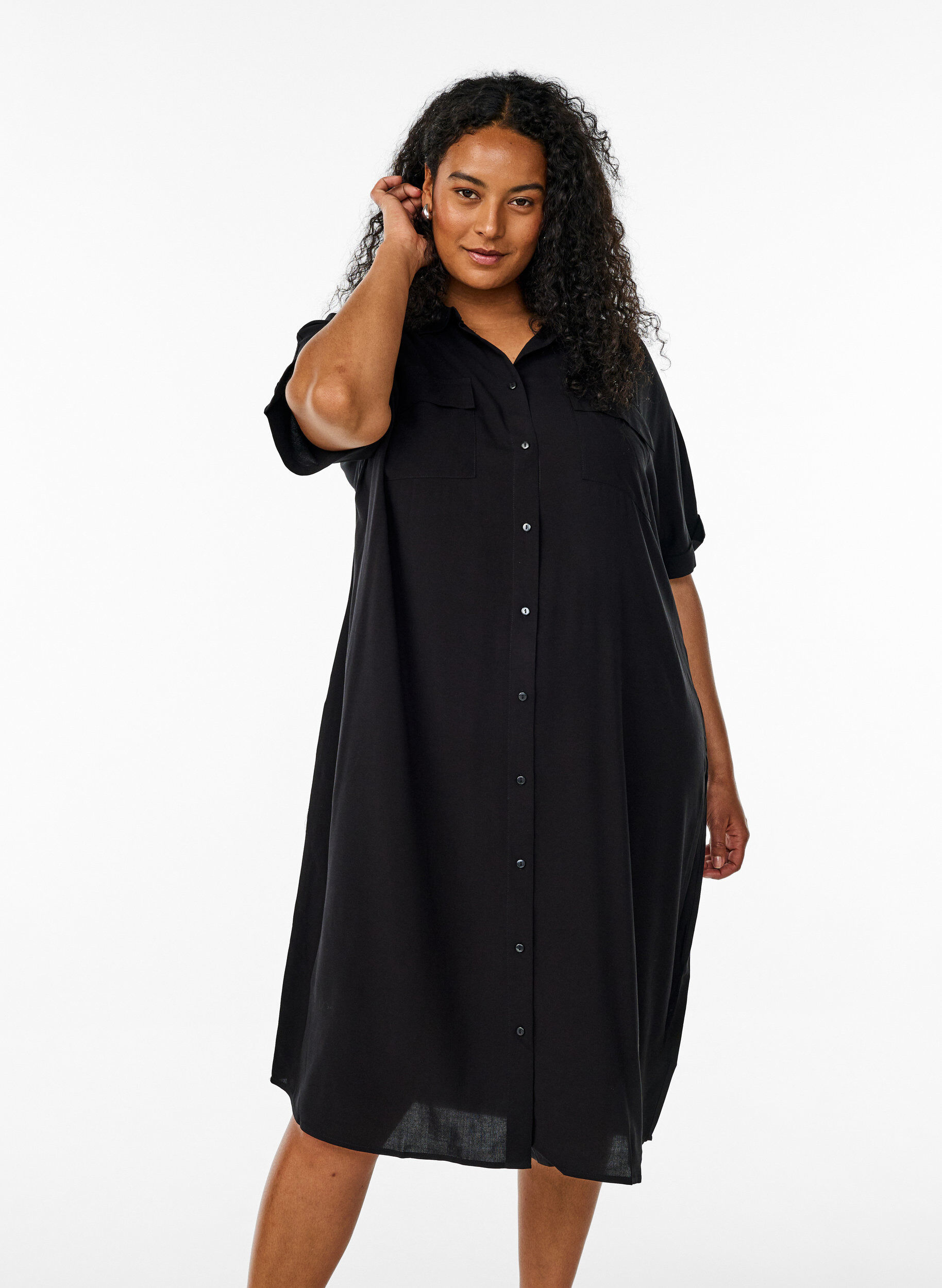 Zizzifashion Long shirt dress with short sleeves, Black, Model image number 0