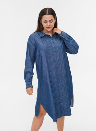 Cotton denim dress with buttons, Blue denim, Model image number 0