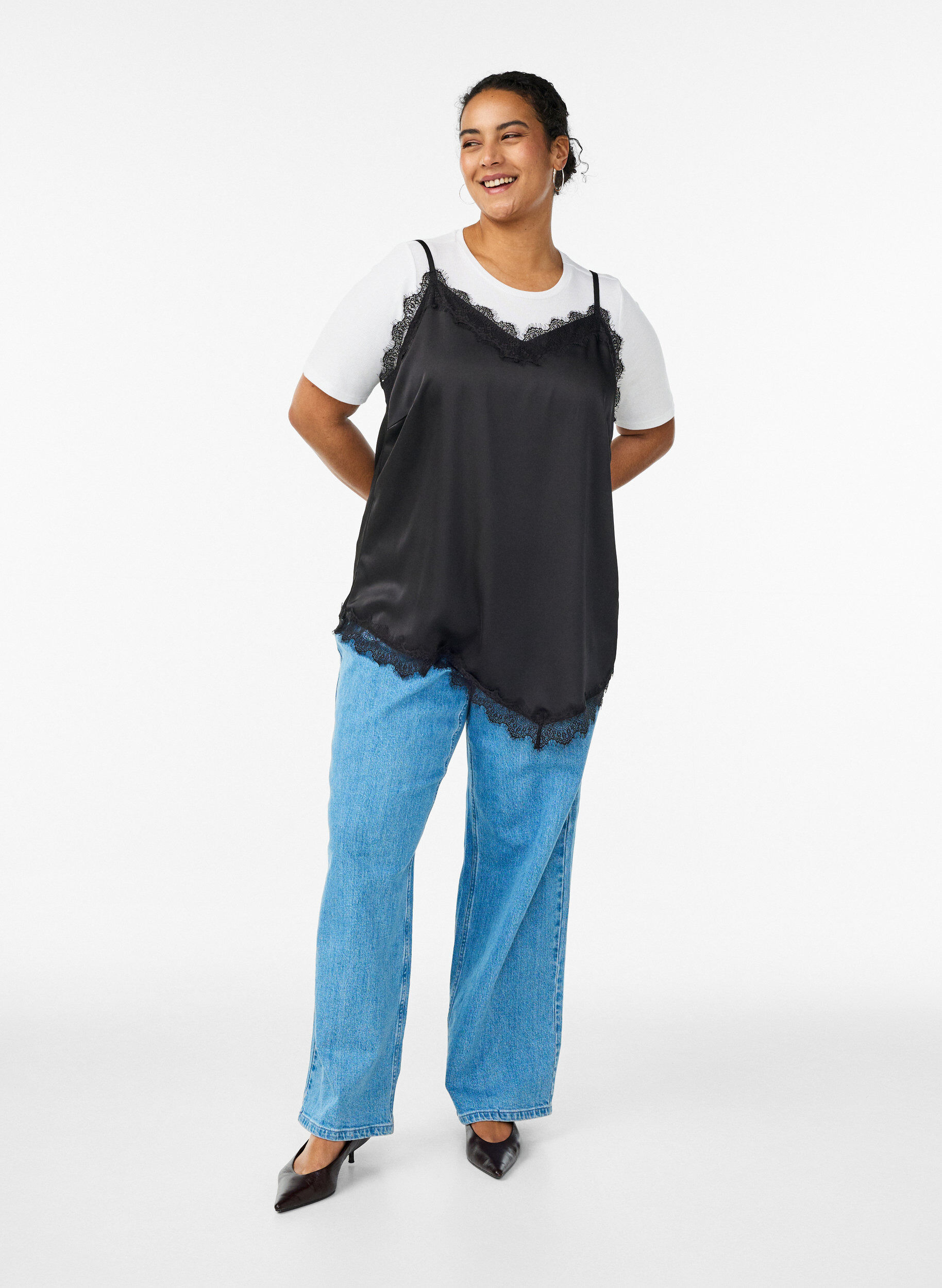 Zizzifashion Satin top with lace trim and asymmetric hem, Black, Model image number 1