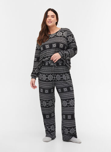 Patterned pyjama trousers with drawstrings, Black AOP, Model image number 0