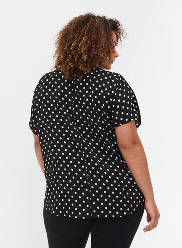 Blouse with short sleeves and a round neckline, Black w White Dot, Model image number 1