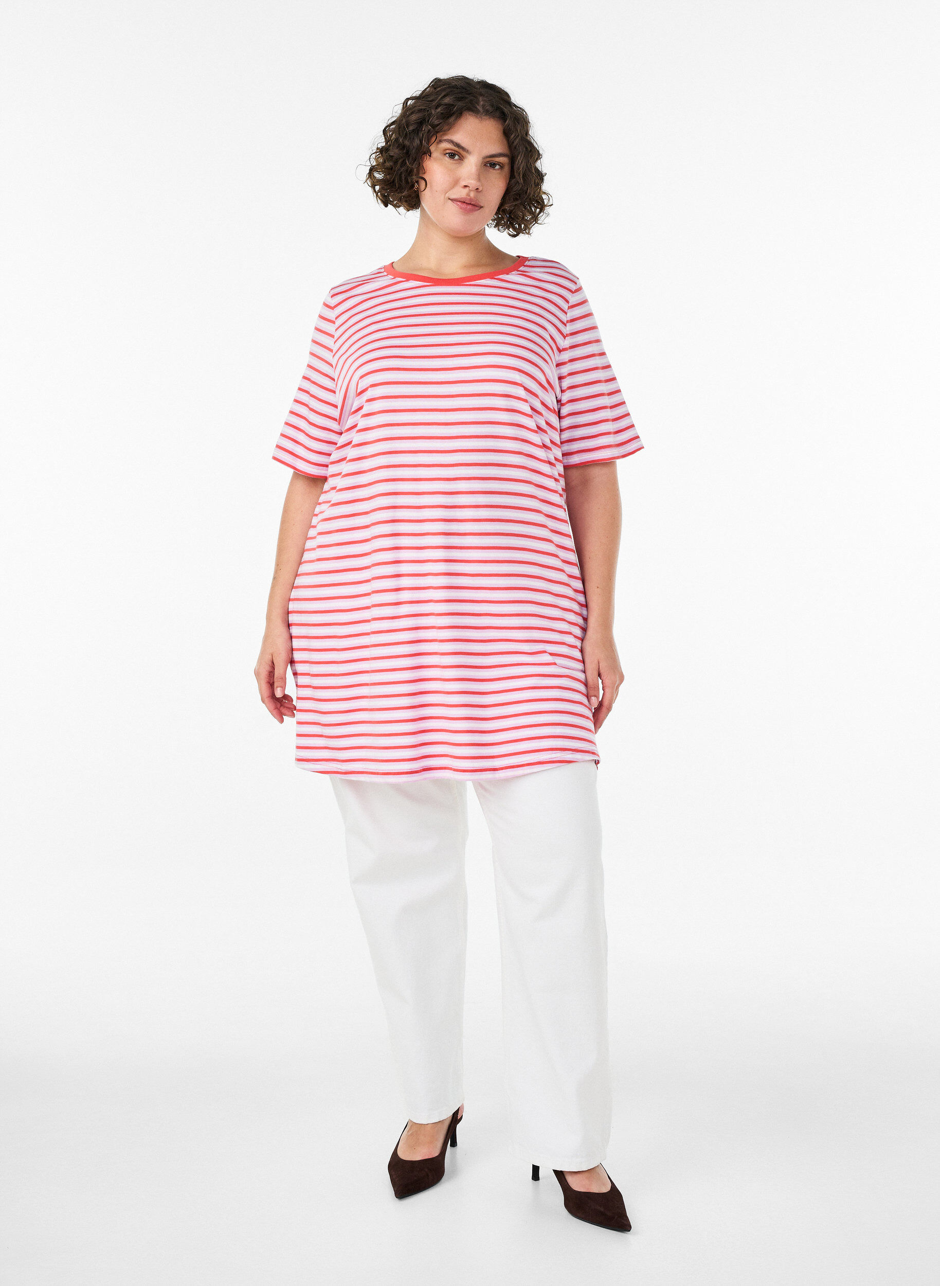 Zizzifashion Long oversized striped T-shirt in organic cotton, Purple, Model image number 1