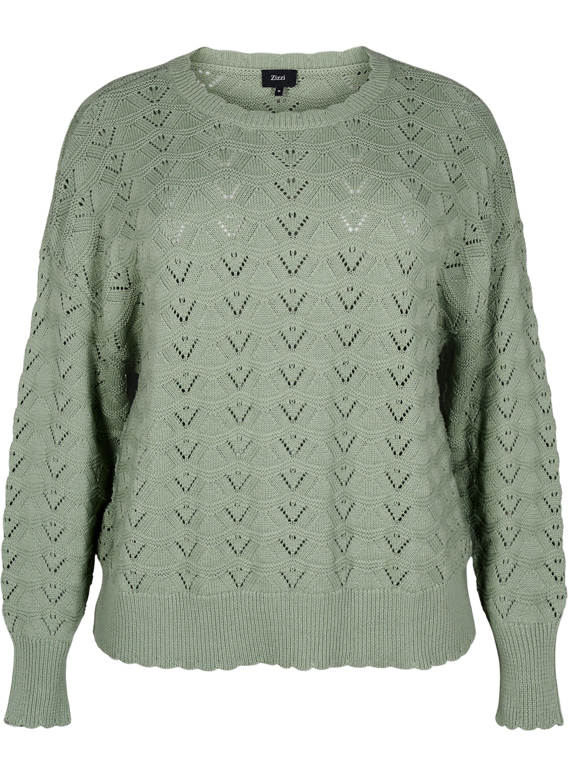 Zizzifashion Long-sleeved knit blouse with an openwork pattern, Green Bay, Packshot image number 0