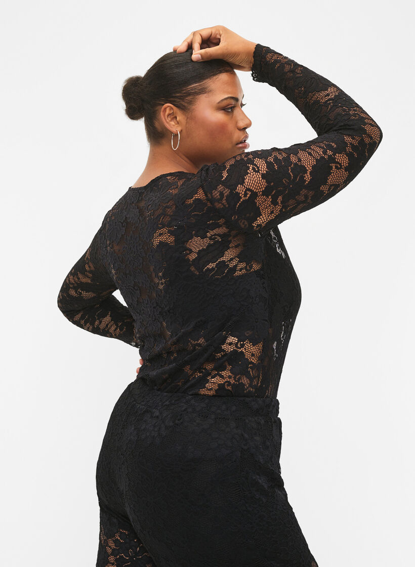 Long sleeve lace blouse with V-neck, Black, Model image number 3