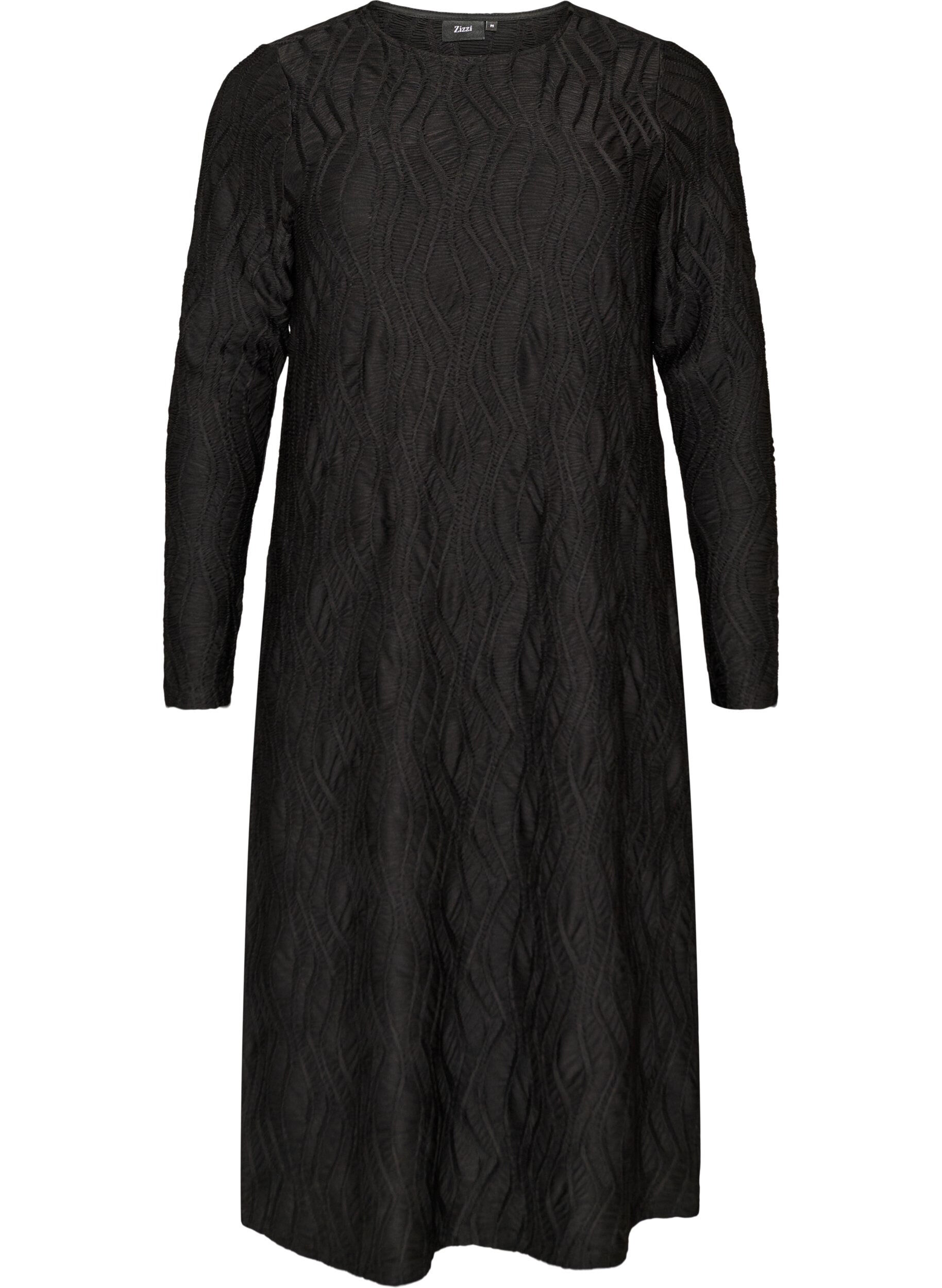 ZizzifashionMidi dress with a wavy texture and long sleeves, Black, Packshot image number 0