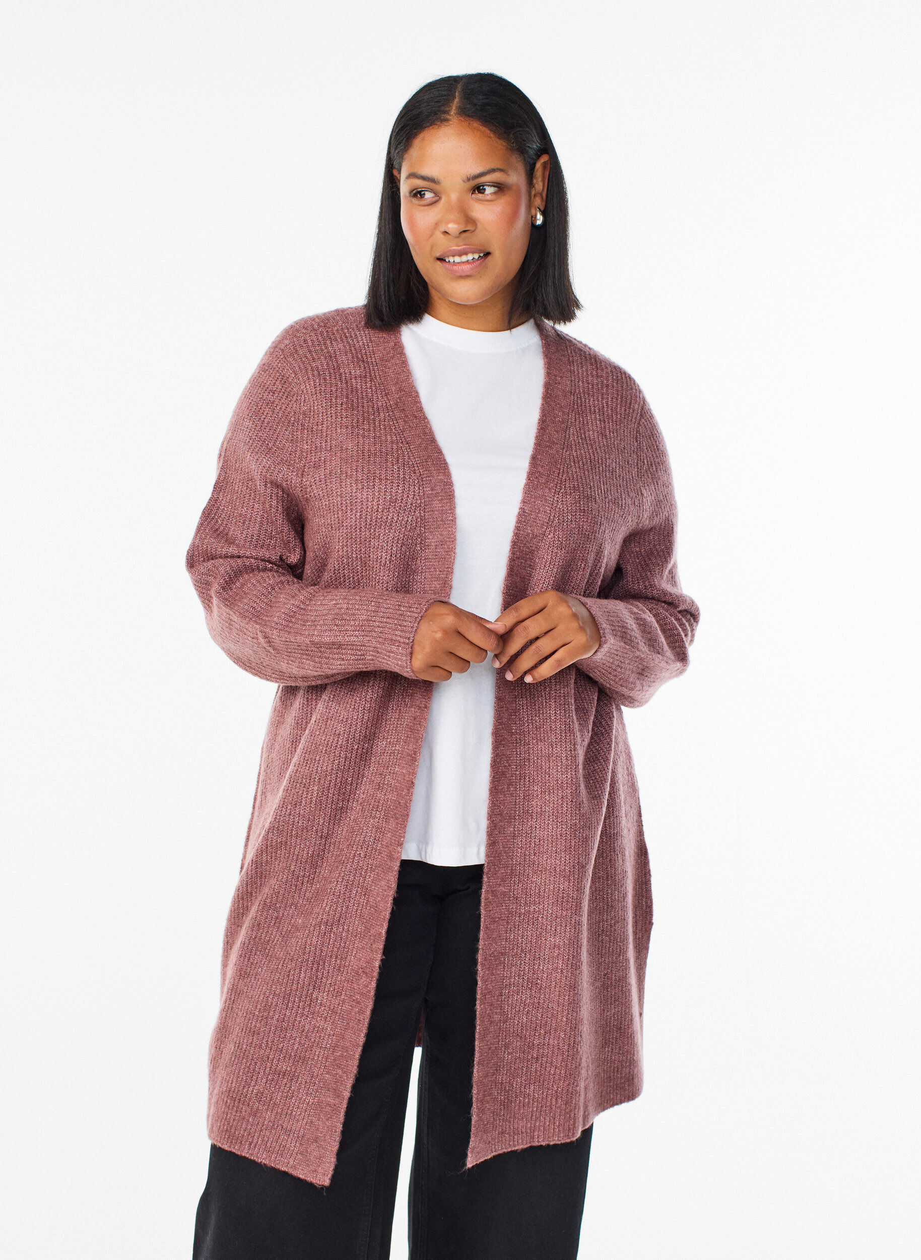 Long ribbed cardigan with an open front, Rose, Model