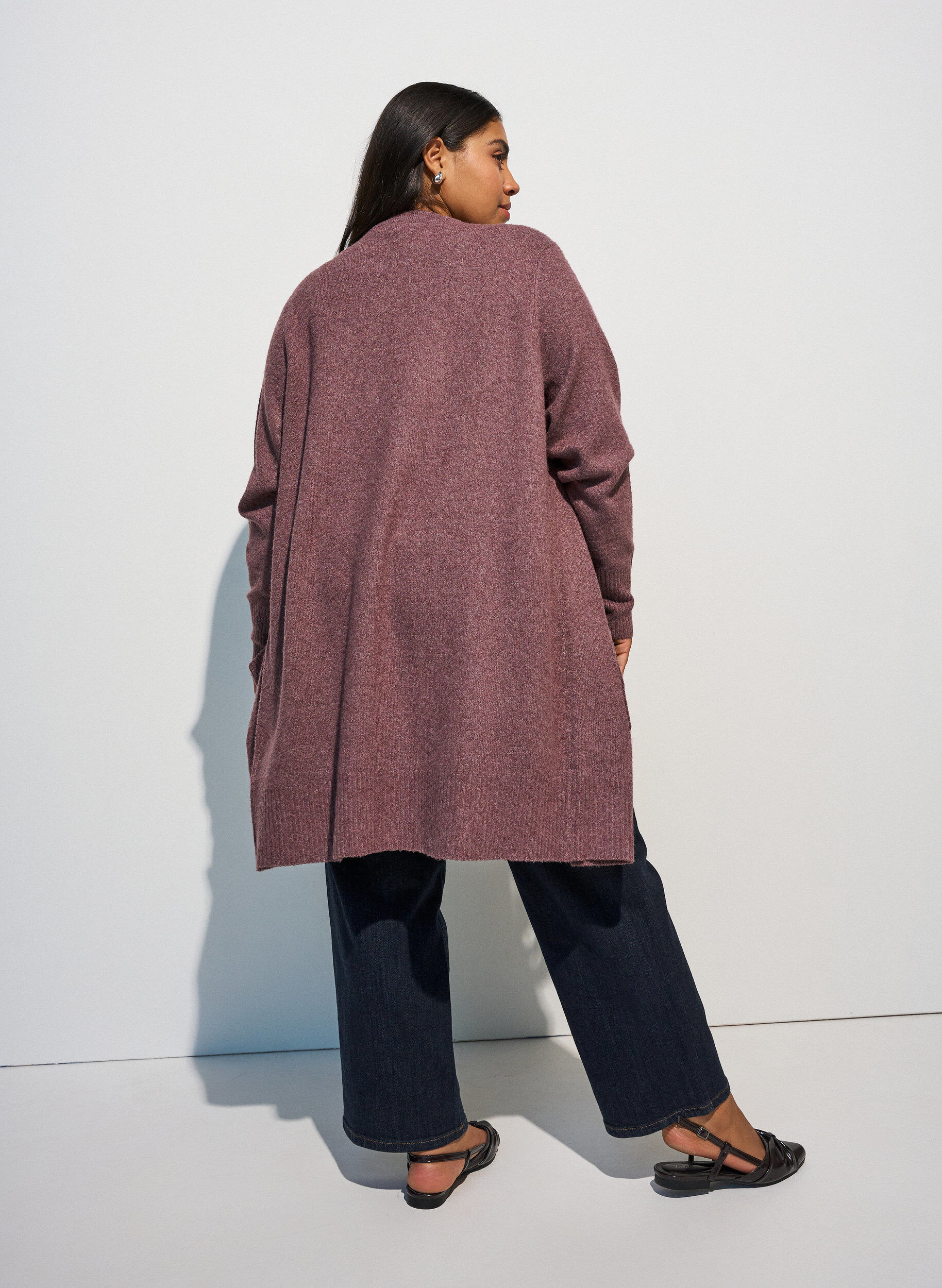 ZizzifashionRibbed Knit Cardigan with Pockets, Red, Model image number 2