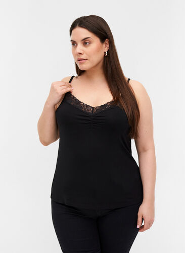Close-fitting Viscose Top with Lace Edge, Black, Model image number 0