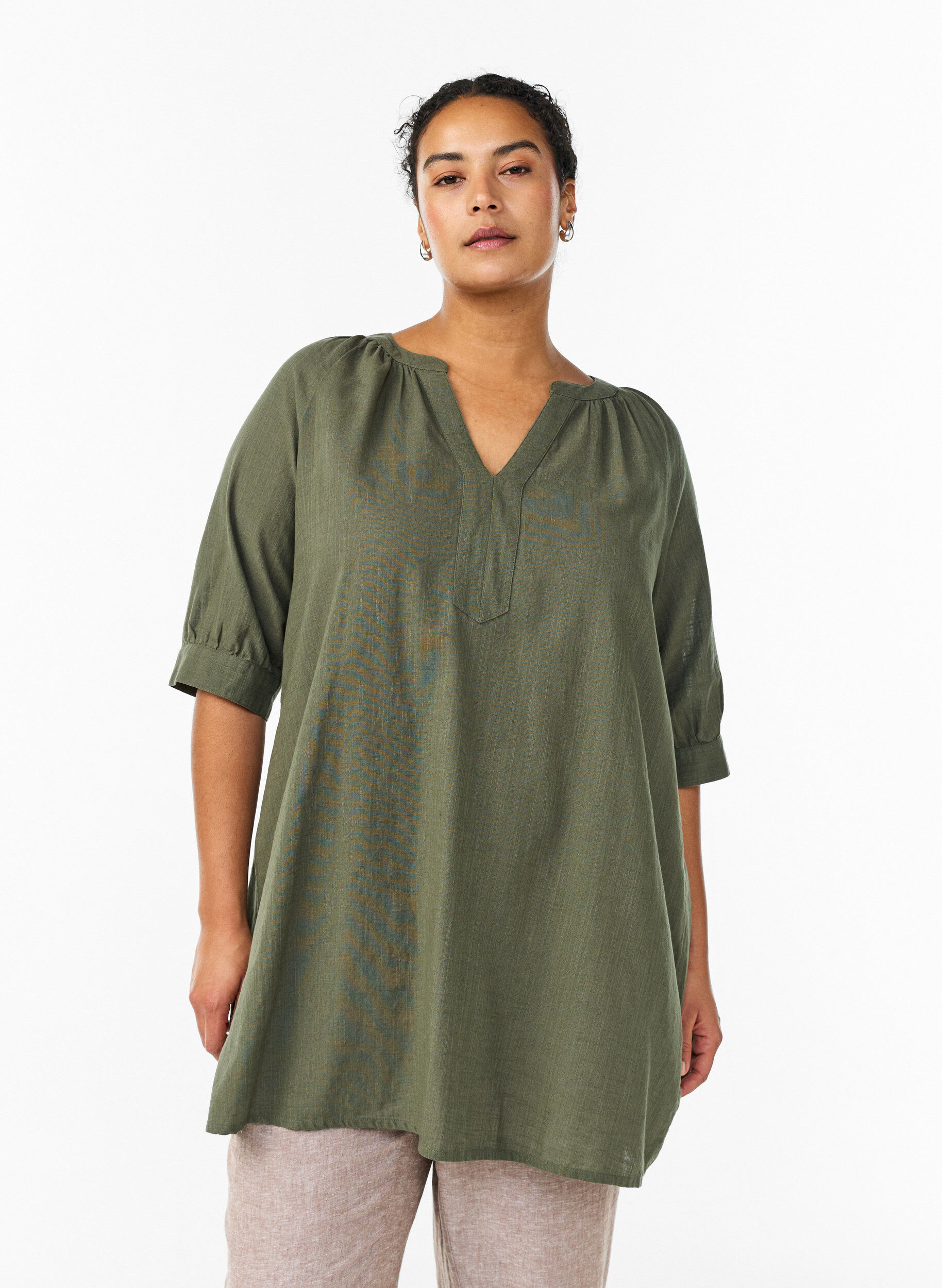 Zizzifashion Cotton tunic with a V-neck, Green, Model image number 0