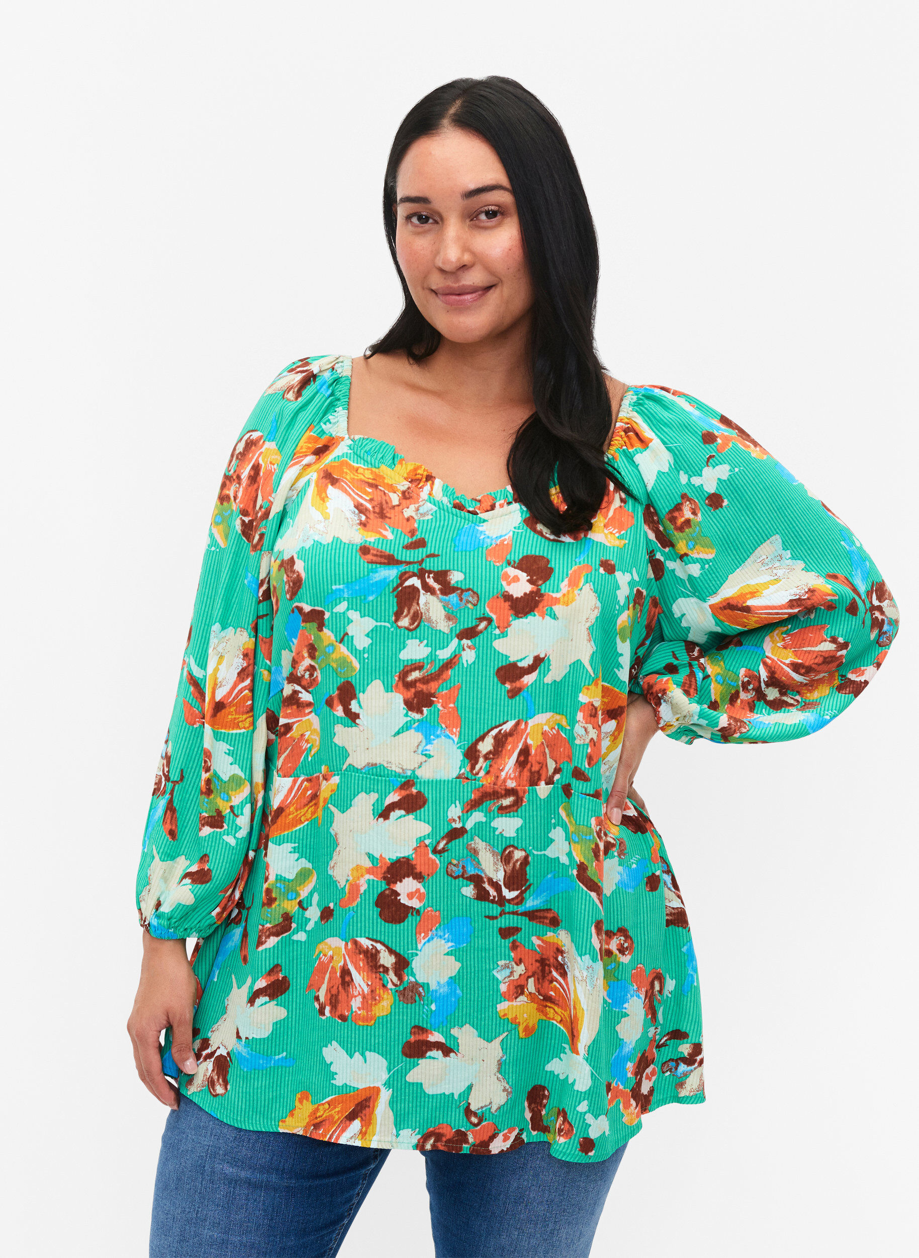 Printed viscose blouse with 3/4 sleeves, Green, Model