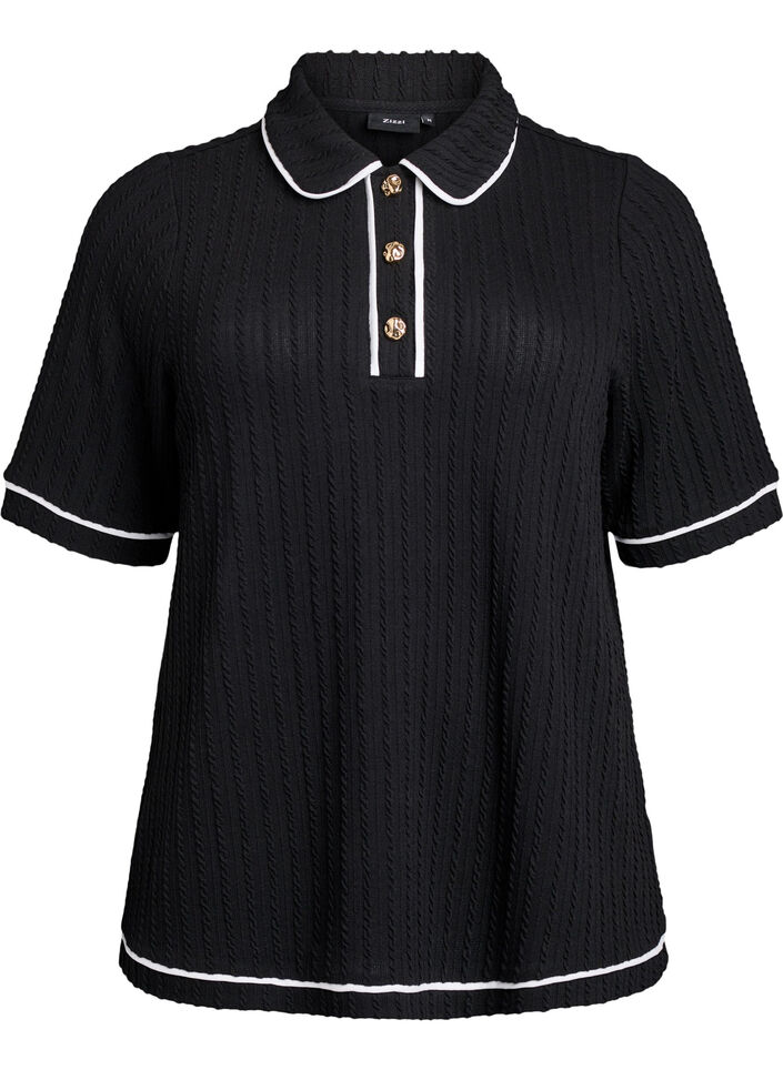 Textured jersey polo shirt with contrast trims, Black, Packshot image number 0
