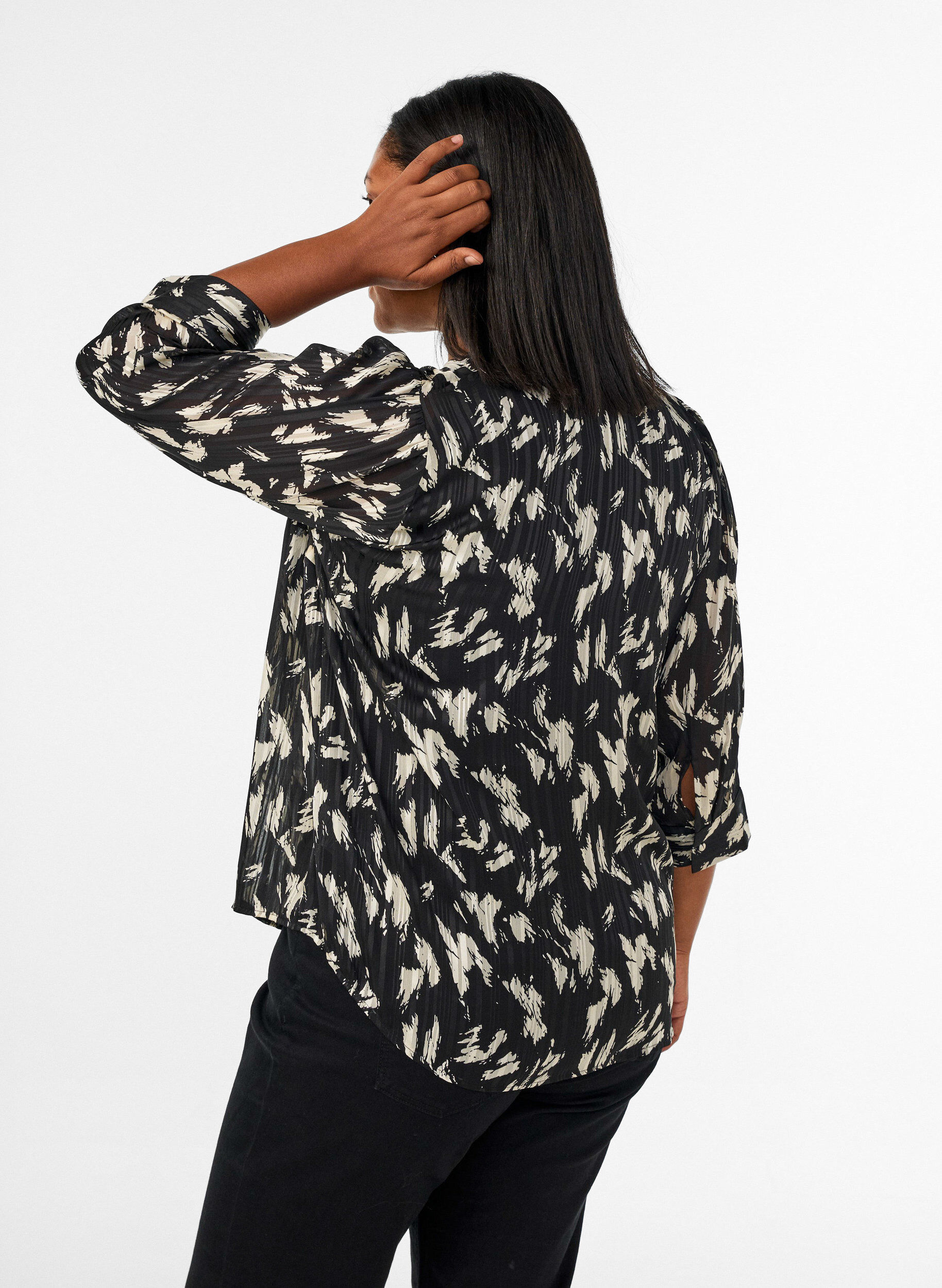 ZizzifashionPatterned shirt with a stand-up collar and 3/4-sleeves, Black, Model image number 2