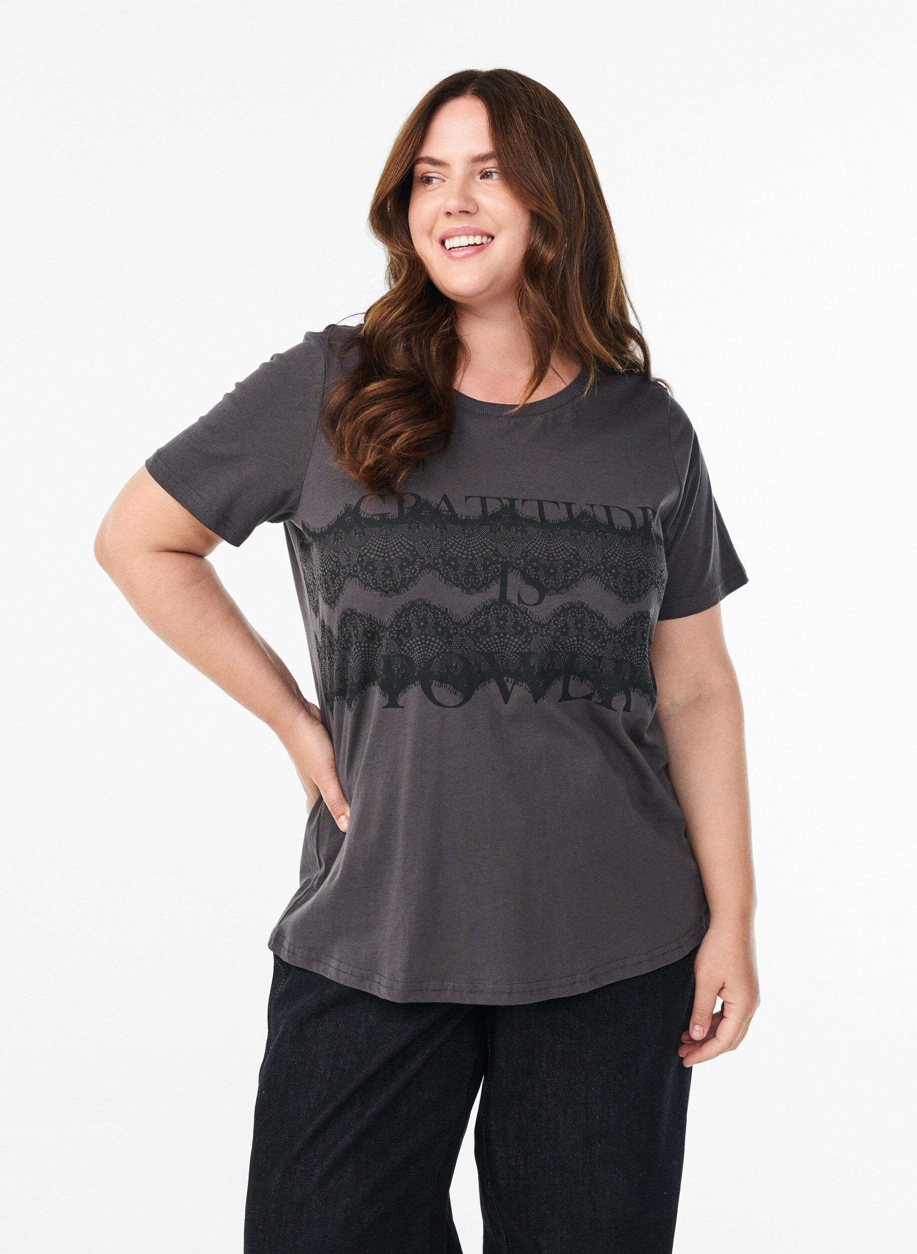 Cotton t-shirt with front print, Dark Grey, Model