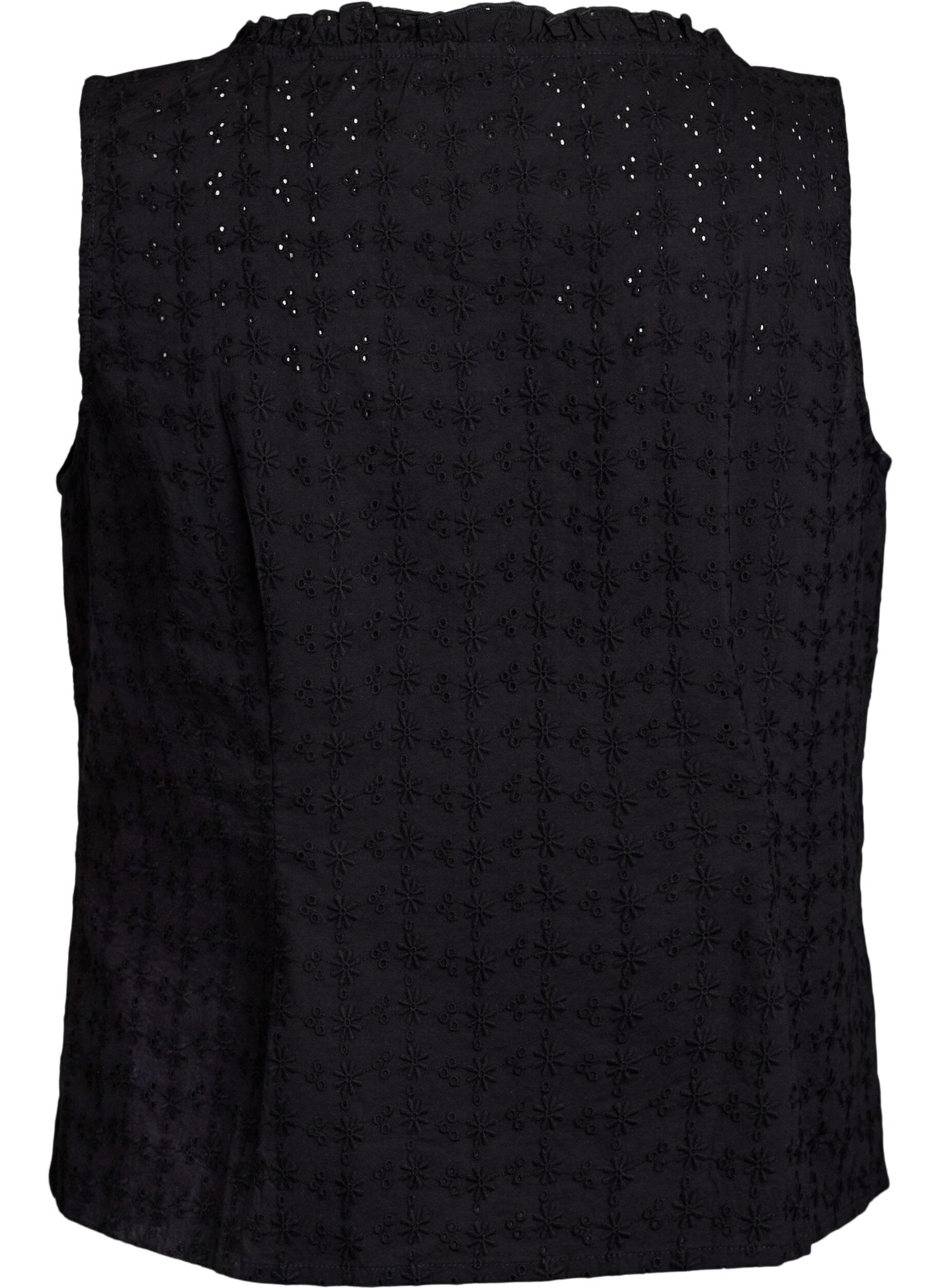 Zizzifashion Sleeveless blouse with broderie anglaise and ruffles, Black, Packshot image number 1