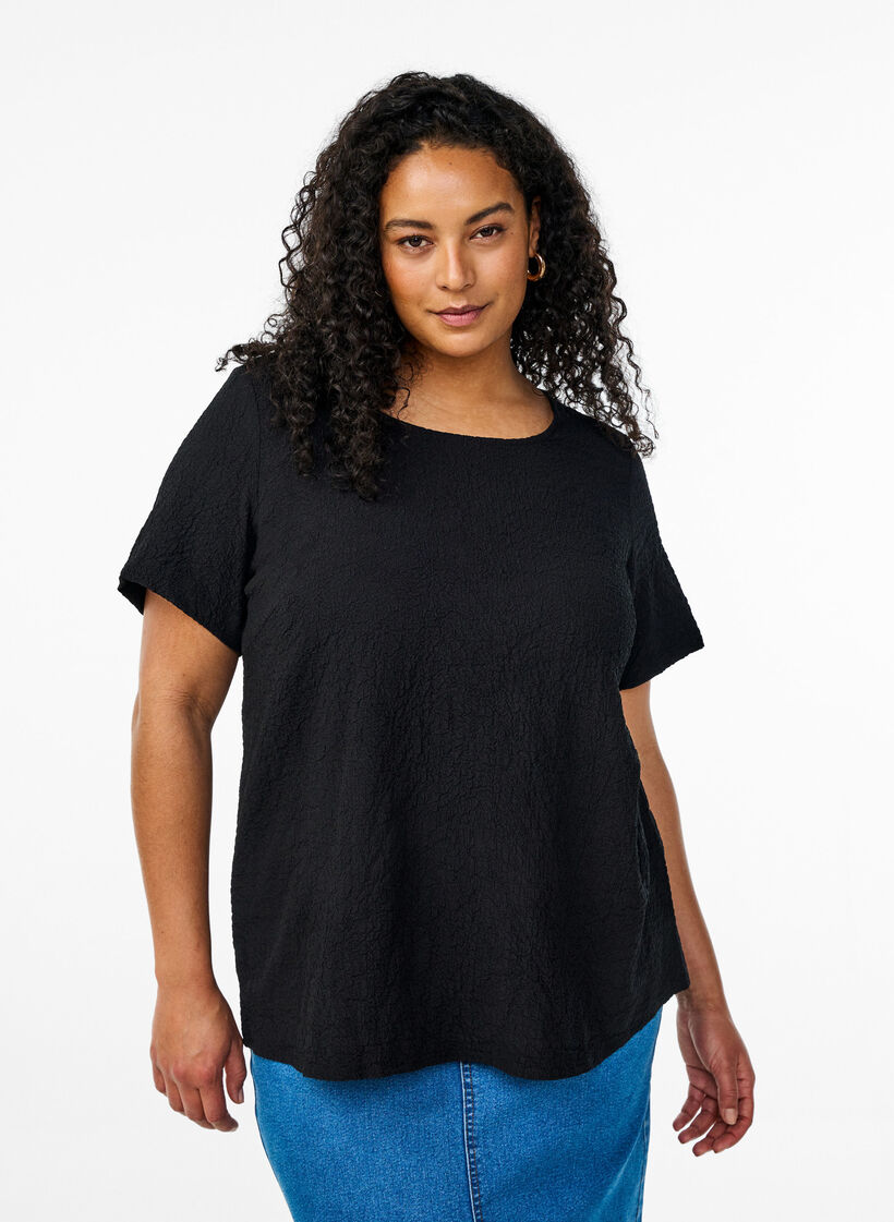 FLASH - Short-sleeved blouse with texture, Black, Model image number 0