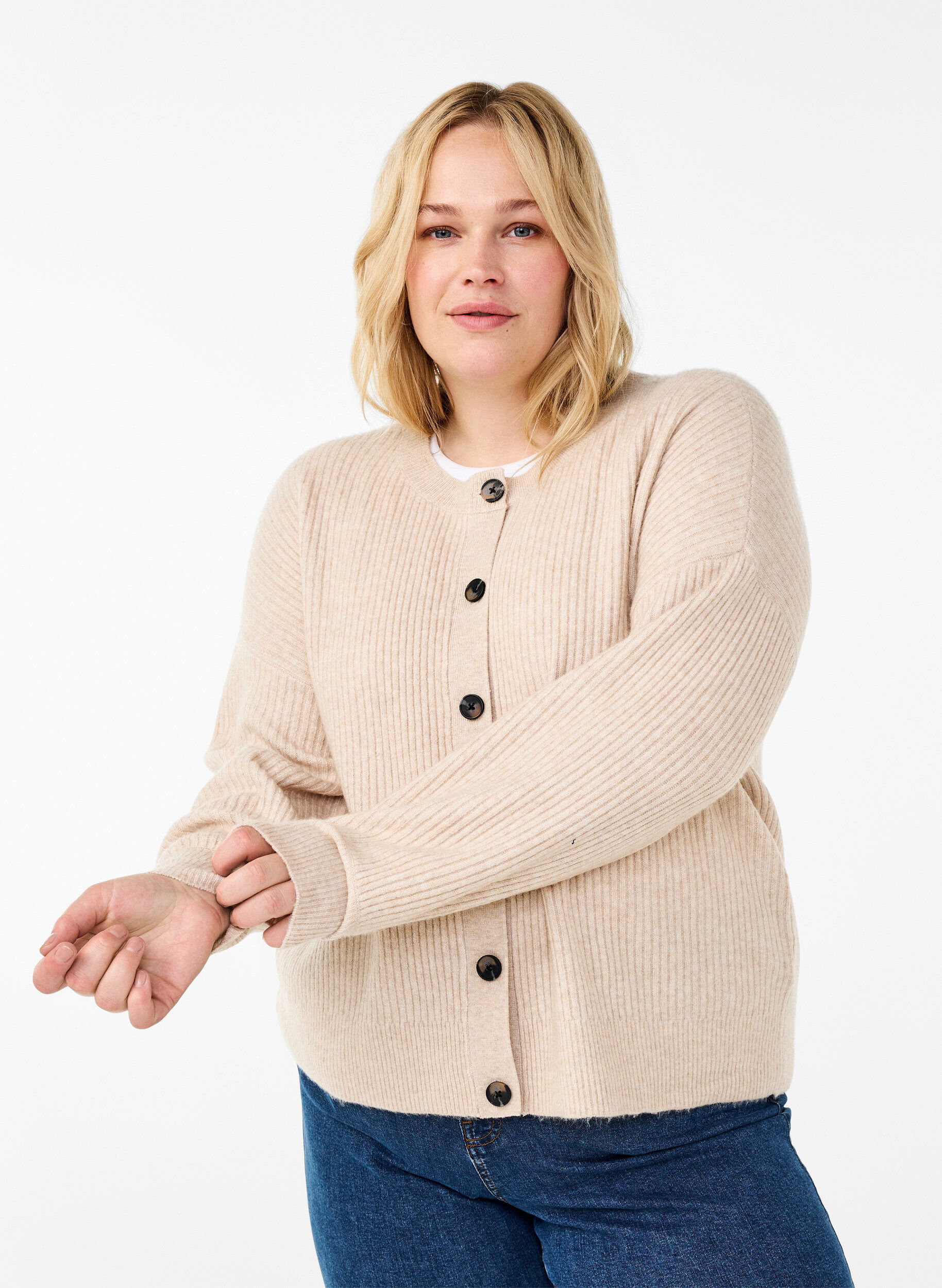 Zizzifashion Rib knit cardigan with buttons, Beige, Model image number 0