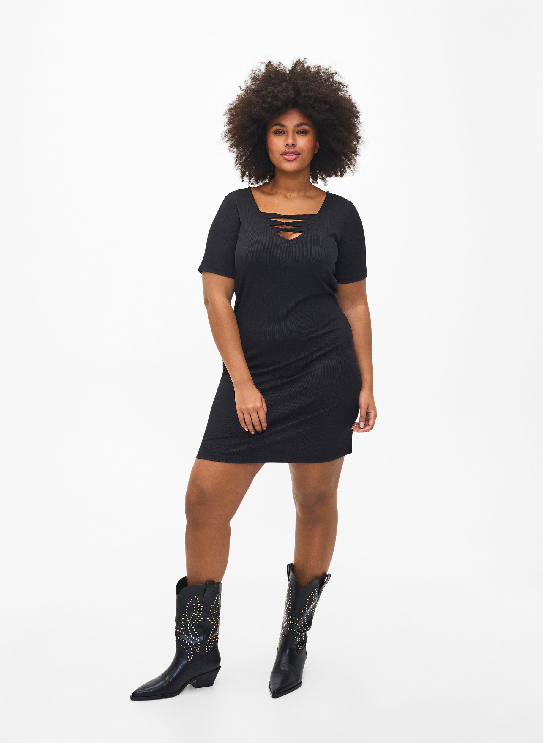 Zizzifashion Tight-fitting dress with V-neck and strap detail, Black, Model image number 3