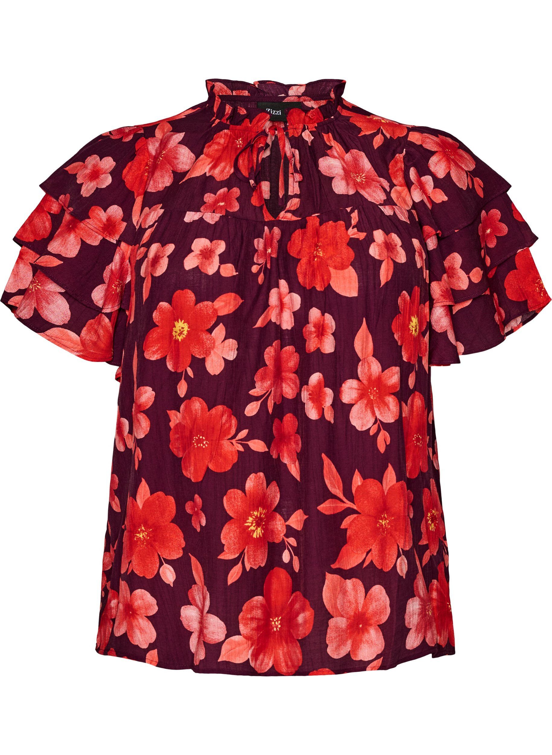 Zizzifashion Floral viscose blouse with ruffle sleeves, Purple, Packshot image number 0