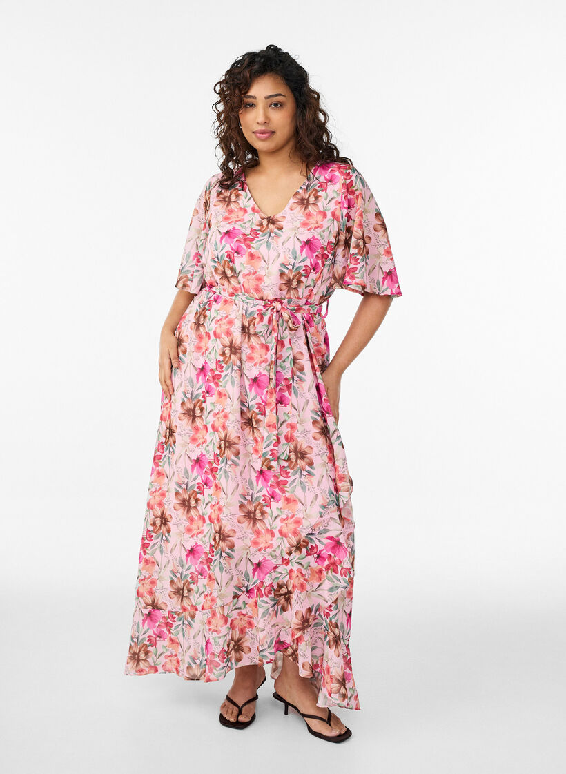 Chiffon maxi dress with a V-neck and ruffle hem, , Model image number 0