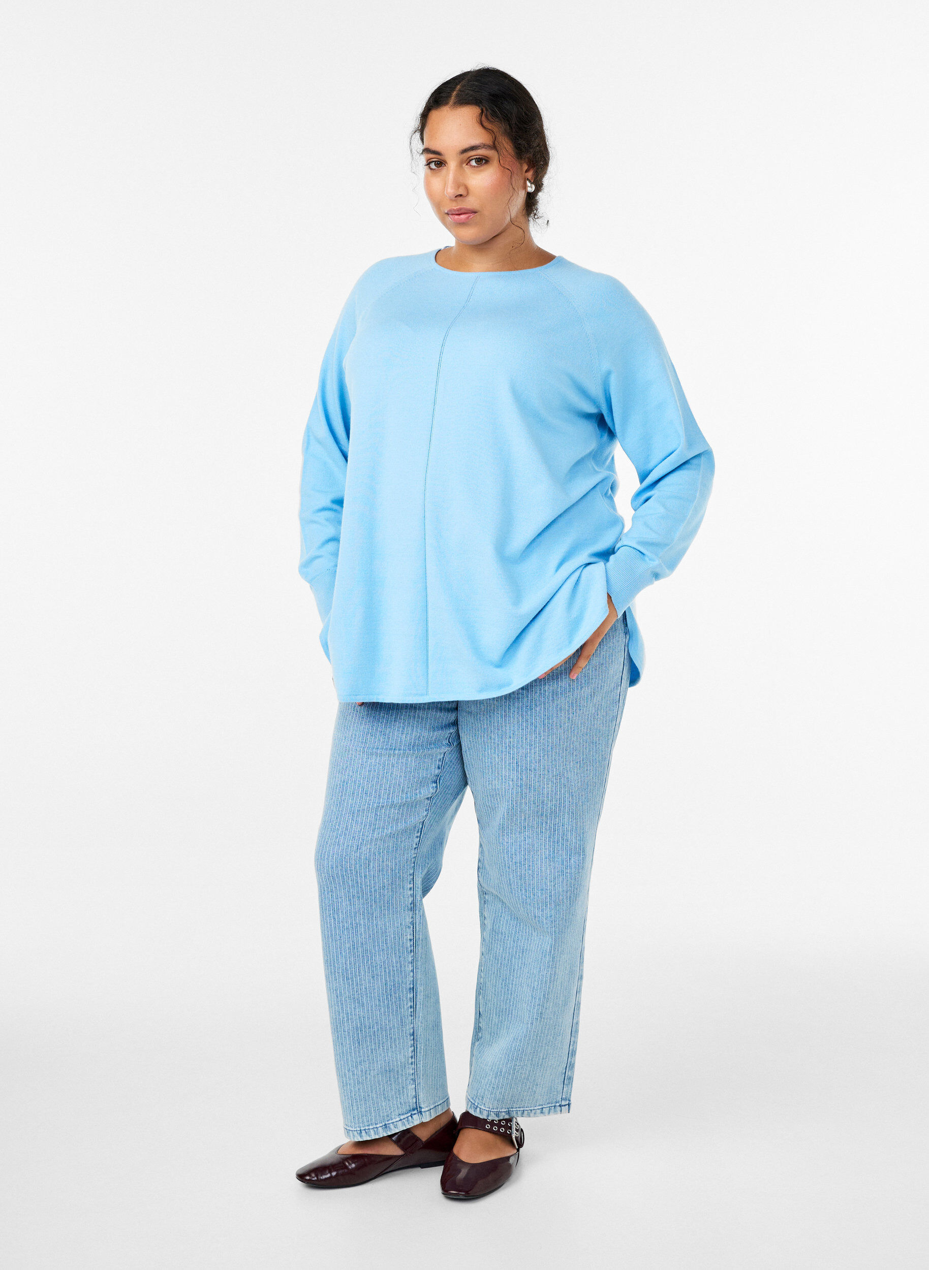 Zizzifashion Knit blouse with round neck and knitted pattern, Light Blue, Model image number 1